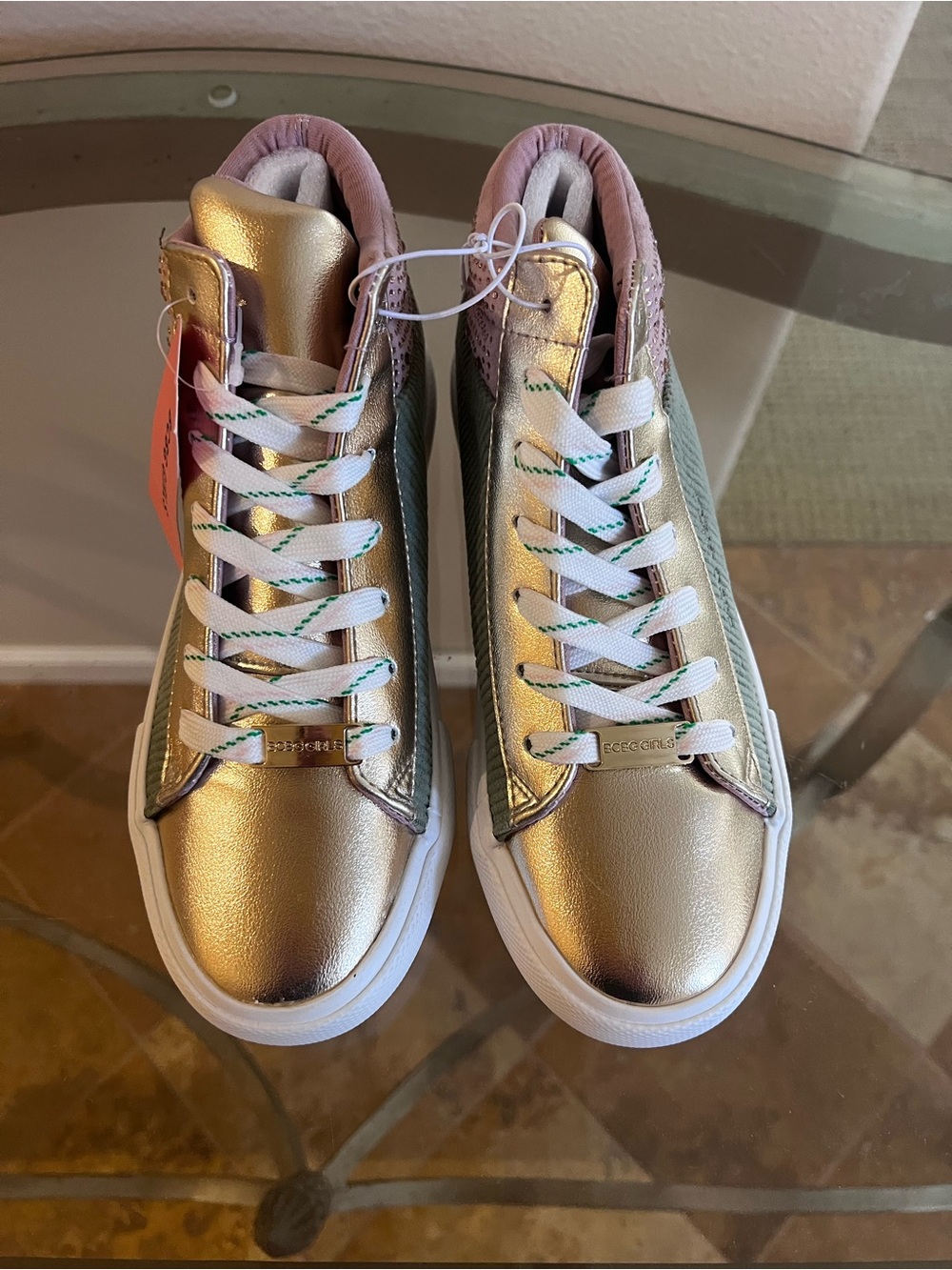 BCBG Girls High Top Sneakers Size 5 Metallic Gold Mauve NWT